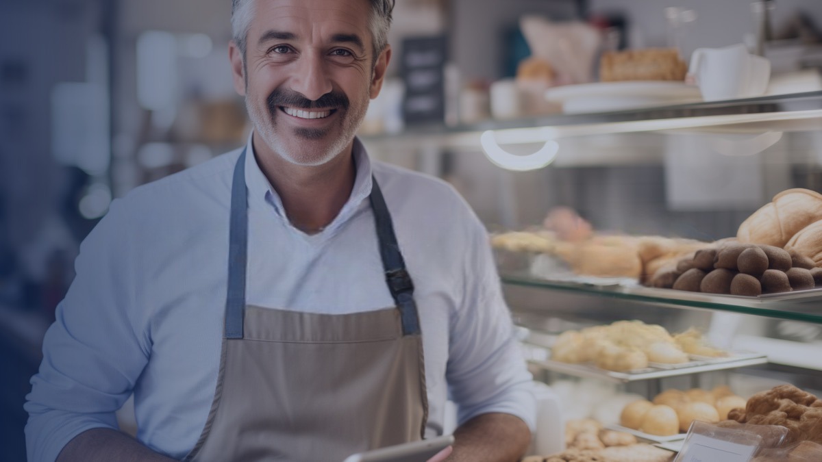Dueño de una panadería atendiendo su negocio con la plataforma de Neotecnologías.